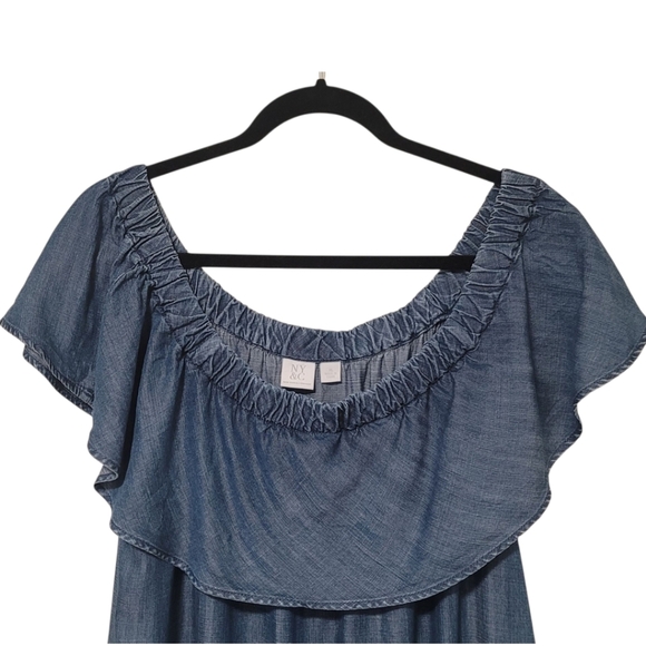 New York & Company Chambray Off-the- Shoulder Ruffle Romper, XL, Pre-owned - Picture 5 of 9